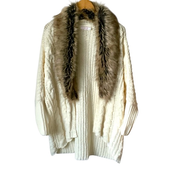 SHOE DAZZLE Open Front Cardigan Chunky Detachable Faux Fur Boho XS Cream - Picture 1 of 9